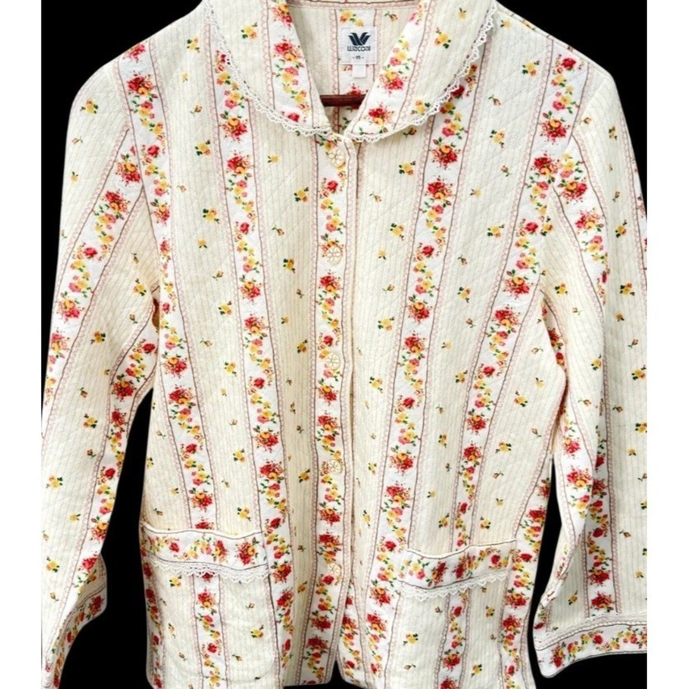 Vintage Walcoal Quilted Pajama Top Womens Floral Bed Jacket Housecoat S Lace